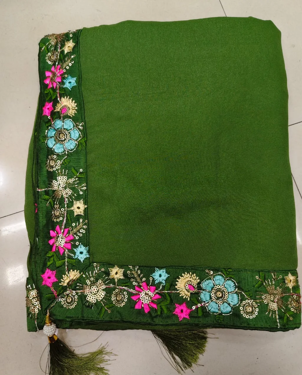 Women's Premium Dark Olive Green Soft Chiffon Saree with Multicolor Floral Embroidered Border | Designer Festive, Wedding & Party Wear Saree with Matching Blouse Piece Olive Green Free Size image 2