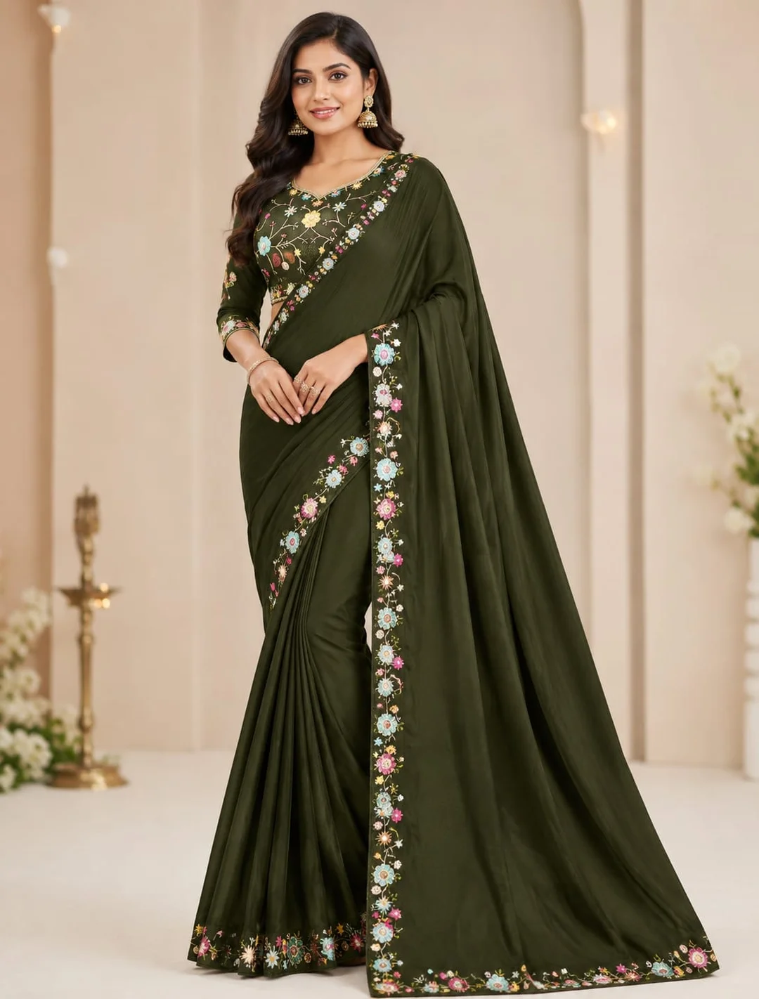 Elegant Olive Green Floral Embroidery Saree with Embroidered Border and Designer Blouse Piece for Women Traditional Ethnic Wear Elegant Olive Green Free Size image 2
