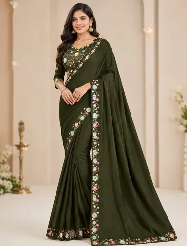 Elegant Olive Green Floral Embroidery Saree with Embroidered Border and Designer Blouse Piece for Women Traditional Ethnic Wear Elegant Olive Green Free Size thumbnail 1