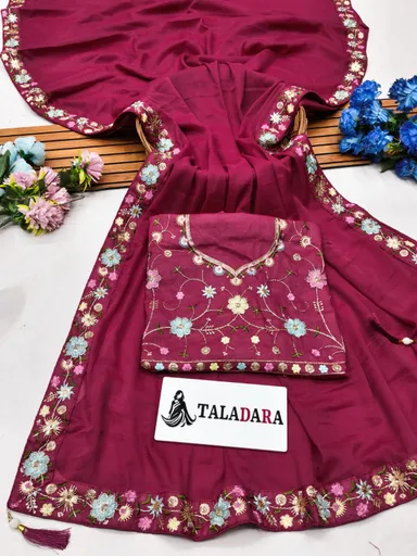 Women's Rani Pink Embroidered Designer Saree with Multicolor Floral Border Work and Matching Embroidered Blouse for Wedding, Party & Festive Wear Rani Pink  Free Size thumbnail 1