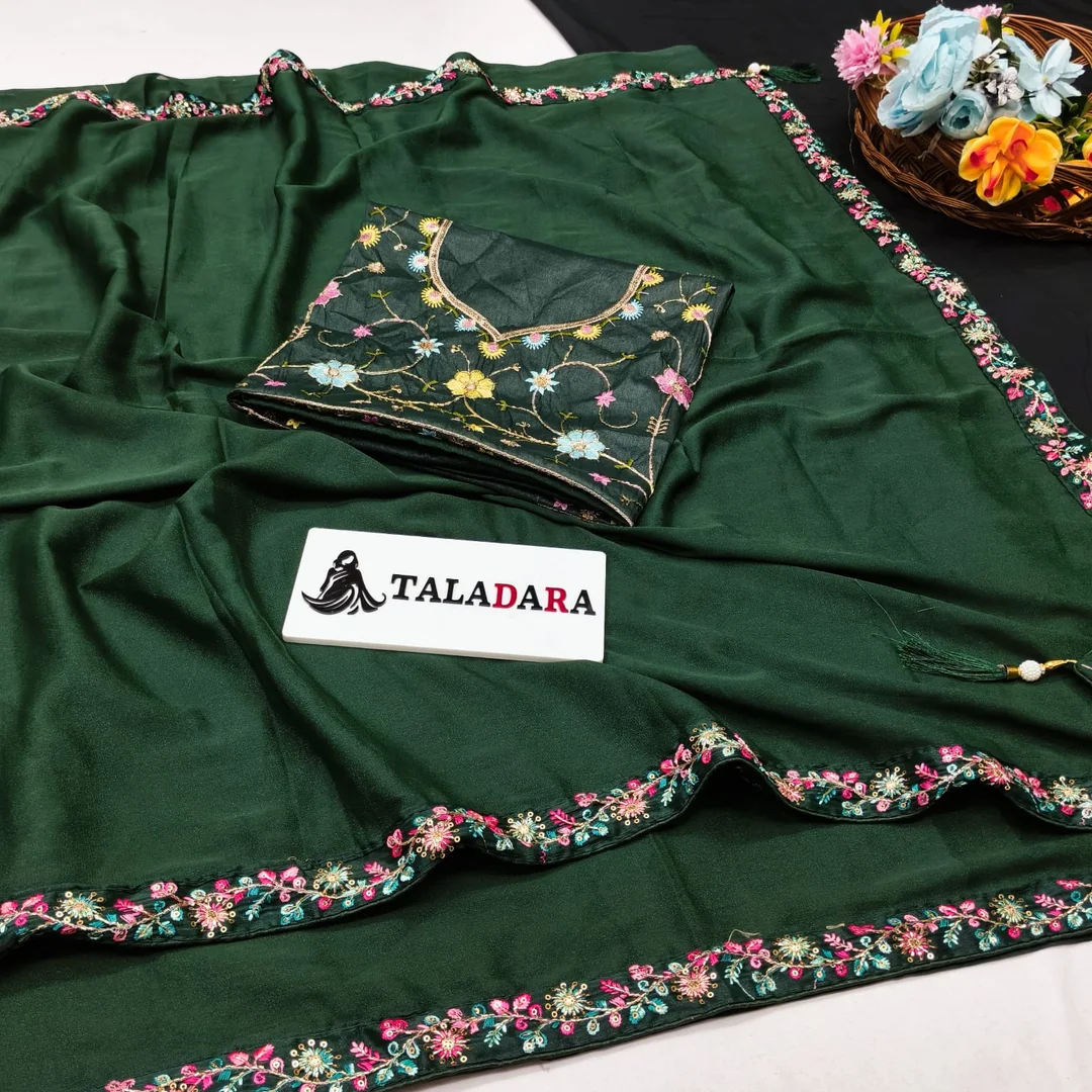 Women's Bottle Green Embroidered Designer Saree with Multicolor Floral Border Work and Matching Embroidered Blouse for Wedding, Party & Festive Wear Bottle Green Free Size image 2