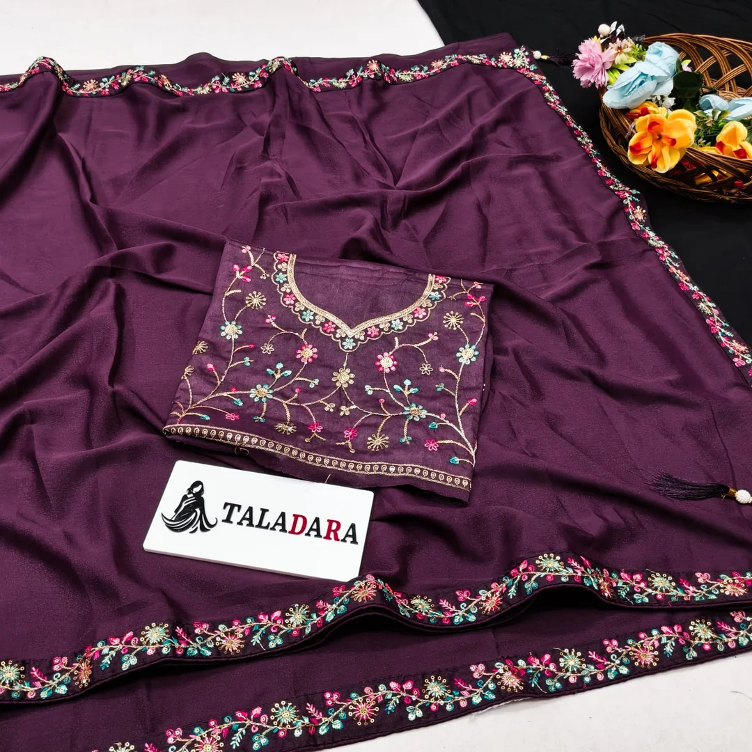 Women's Deep Wine Purple Embroidered Designer Saree with Multicolor Floral Border Work and Matching Embroidered Blouse for Wedding, Party & Festive Wear Deep Wine Purple Free Size image 2