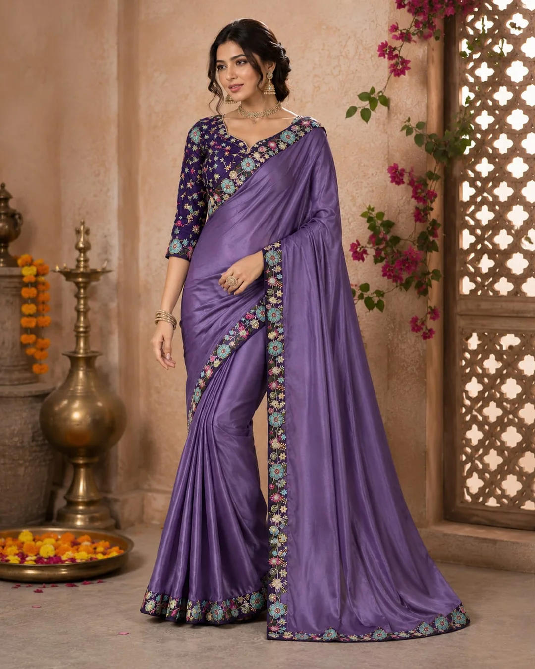 Women's Lavender Purple Embroidered Designer Saree with Multicolor Floral Border Work and Matching Embroidered Blouse for Wedding, Party & Festive Wear Lavender Purple Free Size image 3