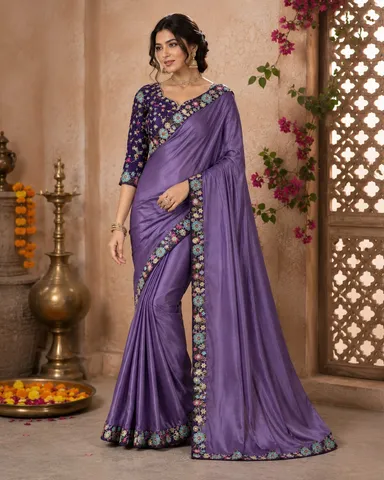 Women's Lavender Purple Embroidered Designer Saree with Multicolor Floral Border Work and Matching Embroidered Blouse for Wedding, Party & Festive Wear Lavender Purple Free Size thumbnail 2