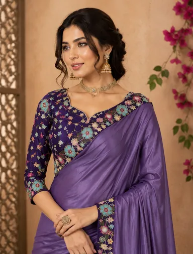 Women's Lavender Purple Embroidered Designer Saree with Multicolor Floral Border Work and Matching Embroidered Blouse for Wedding, Party & Festive Wear Lavender Purple Free Size thumbnail 1