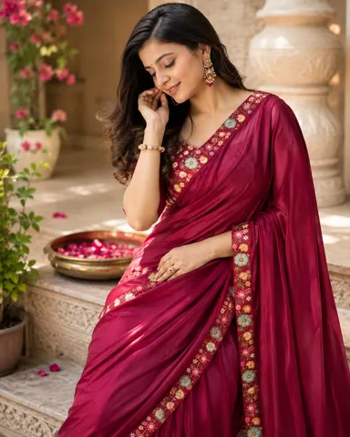 Women's Ruby Red Embroidered Designer Saree with Multicolor Floral Border Work and Matching Embroidered Blouse for Wedding, Party & Festive Wear Ruby Red Free Size thumbnail 2