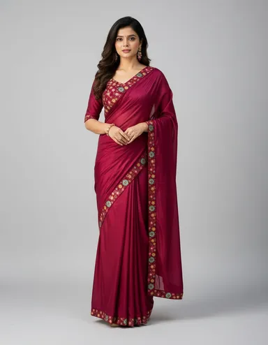 Women's Ruby Red Embroidered Designer Saree with Multicolor Floral Border Work and Matching Embroidered Blouse for Wedding, Party & Festive Wear Ruby Red Free Size thumbnail 1
