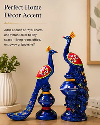 Handcrafted Traditional Blue Painted Peacock Decorative Figurine Pair for Home Decor, Living Room Decoration, Office Table Showpiece & Gift Item thumbnail 1
