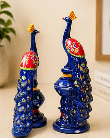 Handcrafted Traditional Blue Painted Peacock Decorative Figurine Pair for Home Decor, Living Room Decoration, Office Table Showpiece & Gift Item thumbnail 3