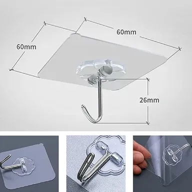 Pack of 10 Self Adhesive Wall Hooks Heavy Duty No-Drill Waterproof Transparent Wall Hooks for Kitchen, Bathroom, Bedroom, Office & Home Organization | Strong Sticky Hooks for Towels, Keys, Utensils, Bags & Accessories thumbnail 1