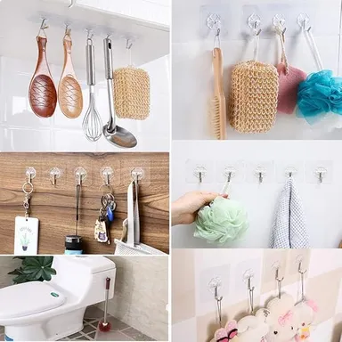 Pack of 10 Self Adhesive Wall Hooks Heavy Duty No-Drill Waterproof Transparent Wall Hooks for Kitchen, Bathroom, Bedroom, Office & Home Organization | Strong Sticky Hooks for Towels, Keys, Utensils, Bags & Accessories thumbnail 2
