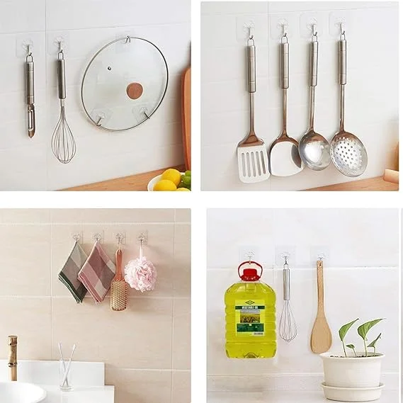 Pack of 10 Self Adhesive Wall Hooks Heavy Duty No-Drill Waterproof Transparent Wall Hooks for Kitchen, Bathroom, Bedroom, Office & Home Organization | Strong Sticky Hooks for Towels, Keys, Utensils, Bags & Accessories image 4