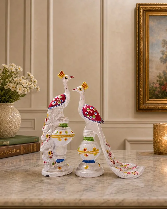 Handcrafted Decorative White Peacock Showpiece Set with Vibrant Floral Motif Detailing for Home Decor and Gifting image 4