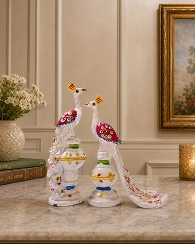 Handcrafted Decorative White Peacock Showpiece Set with Vibrant Floral Motif Detailing for Home Decor and Gifting thumbnail 3
