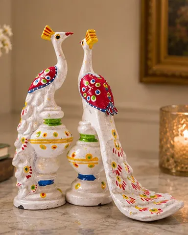 Handcrafted Decorative White Peacock Showpiece Set with Vibrant Floral Motif Detailing for Home Decor and Gifting thumbnail 2