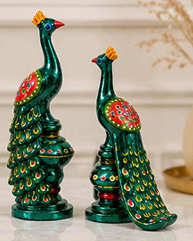 Handcrafted Decorative Green Peacock Statues Set with Traditional Indian Folk Art Design for Home Office Table Decor Living Room Showcase Gift image 3