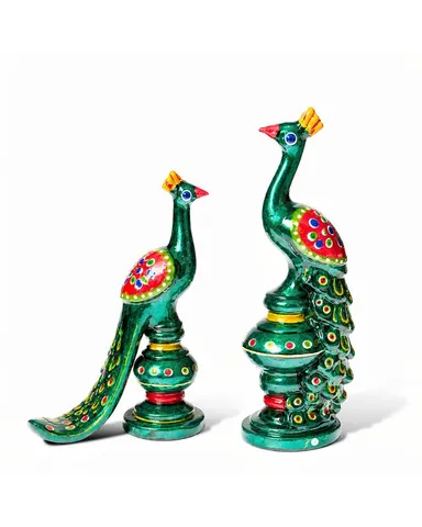 Handcrafted Decorative Green Peacock Statues Set with Traditional Indian Folk Art Design for Home Office Table Decor Living Room Showcase Gift thumbnail 1