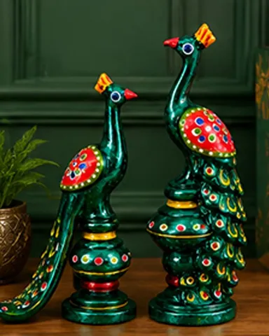 Handcrafted Decorative Green Peacock Statues Set with Traditional Indian Folk Art Design for Home Office Table Decor Living Room Showcase Gift thumbnail 3
