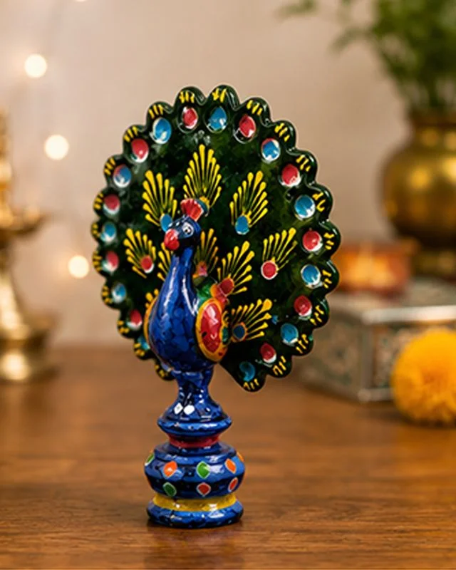 Hand-Painted Decorative Terracotta Peacock Figurine with Intricate Vibrant Fan-Shaped Plumage and Ornate Pedestal Base image 3