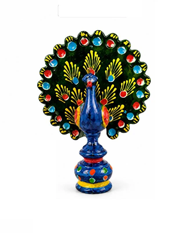 Hand-Painted Decorative Terracotta Peacock Figurine with Intricate Vibrant Fan-Shaped Plumage and Ornate Pedestal Base image 4