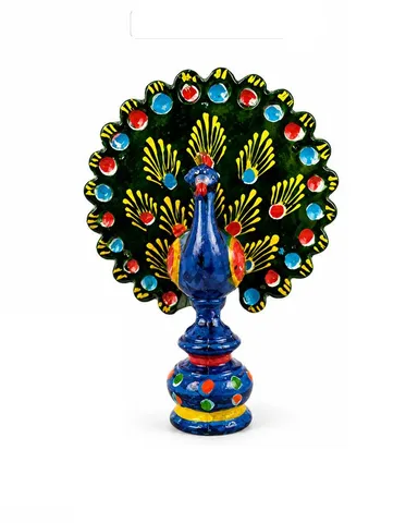 Hand-Painted Decorative Terracotta Peacock Figurine with Intricate Vibrant Fan-Shaped Plumage and Ornate Pedestal Base thumbnail 3