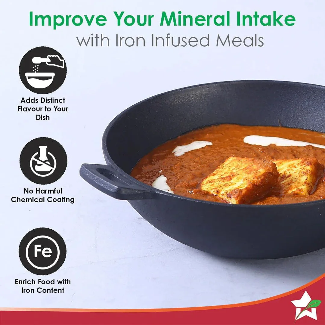 Threads &Aura 24cm Cast Iron Kadhai 1.9L Pre-Seasoned Induction Compatible Heavy Duty Iron Kadai for Frying Cooking Roasting and Deep Fry image 2