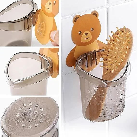 Wall Mounted Plastic Toothbrush Holder for Bathroom, Waterproof Self Adhesive Toothbrush, Toothpaste & Comb Organizer with Water Drain Hole, Cute Teddy Bear Design, Pack of 2 Multicolour image 3