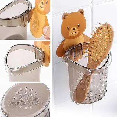 Wall Mounted Plastic Toothbrush Holder for Bathroom, Waterproof Self Adhesive Toothbrush, Toothpaste & Comb Organizer with Water Drain Hole, Cute Teddy Bear Design, Pack of 2 Multicolour thumbnail 2