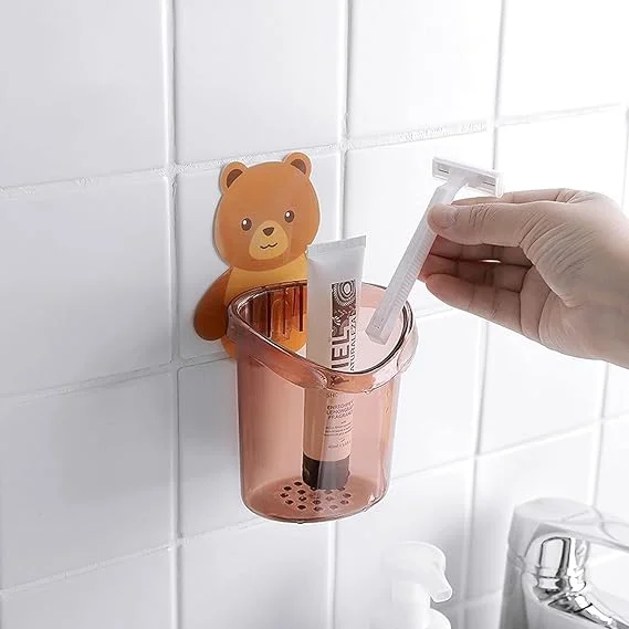 Wall Mounted Plastic Toothbrush Holder for Bathroom, Waterproof Self Adhesive Toothbrush, Toothpaste & Comb Organizer with Water Drain Hole, Cute Teddy Bear Design, Pack of 2 Multicolour image 4