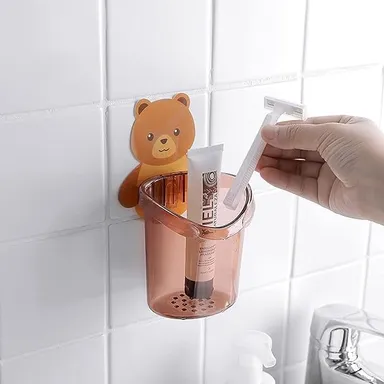 Wall Mounted Plastic Toothbrush Holder for Bathroom, Waterproof Self Adhesive Toothbrush, Toothpaste & Comb Organizer with Water Drain Hole, Cute Teddy Bear Design, Pack of 2 Multicolour thumbnail 3
