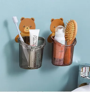Wall Mounted Plastic Toothbrush Holder for Bathroom, Waterproof Self Adhesive Toothbrush, Toothpaste & Comb Organizer with Water Drain Hole, Cute Teddy Bear Design, Pack of 2 Multicolour thumbnail 1