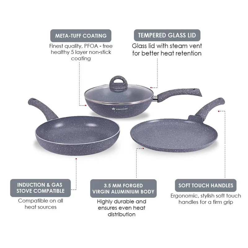 Granite Non-Stick Cookware Set of 4 with Fry Pan Lid Wok Dosa Tawa | 3.5mm Induction Bottom Virgin Aluminium | PFOA Free Kitchen Cookware image 4
