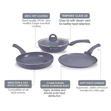 Granite Non-Stick Cookware Set of 4 with Fry Pan Lid Wok Dosa Tawa | 3.5mm Induction Bottom Virgin Aluminium | PFOA Free Kitchen Cookware thumbnail 3