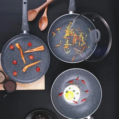 Granite Non-Stick Cookware Set of 4 with Fry Pan Lid Wok Dosa Tawa | 3.5mm Induction Bottom Virgin Aluminium | PFOA Free Kitchen Cookware thumbnail 1