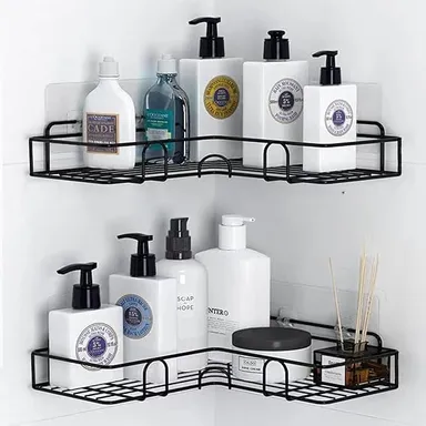 Self Adhesive Bathroom Corner Shelf Set of 2 | Wall Mounted Bathroom Storage Rack | No Drill Shampoo Holder Organizer | Large Size Black thumbnail 1