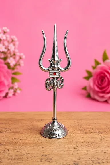 Premium Silver Finish Lord Shiva Trishul with Om Symbol Metal Decorative Showpiece for Home Temple, Office Desk, Meditation Room, Pooja Room & Spiritual Gift thumbnail 1
