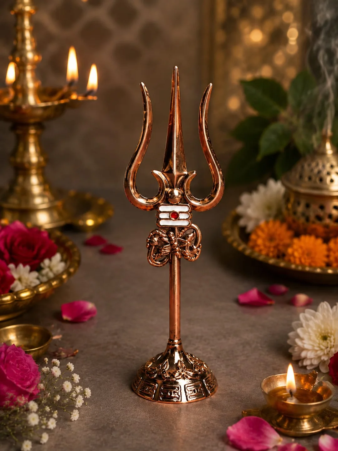 Artbiz Premium Metal Lord Shiva Trishul with Damru, Om & Sacred Tripund Tilak Decorative Showpiece for Home Temple, Office Desk, Meditation Room & Spiritual Home Decor | Gold Finish Mahadev Trident Idol for Puja, Gifting & Religious Decoration image 1