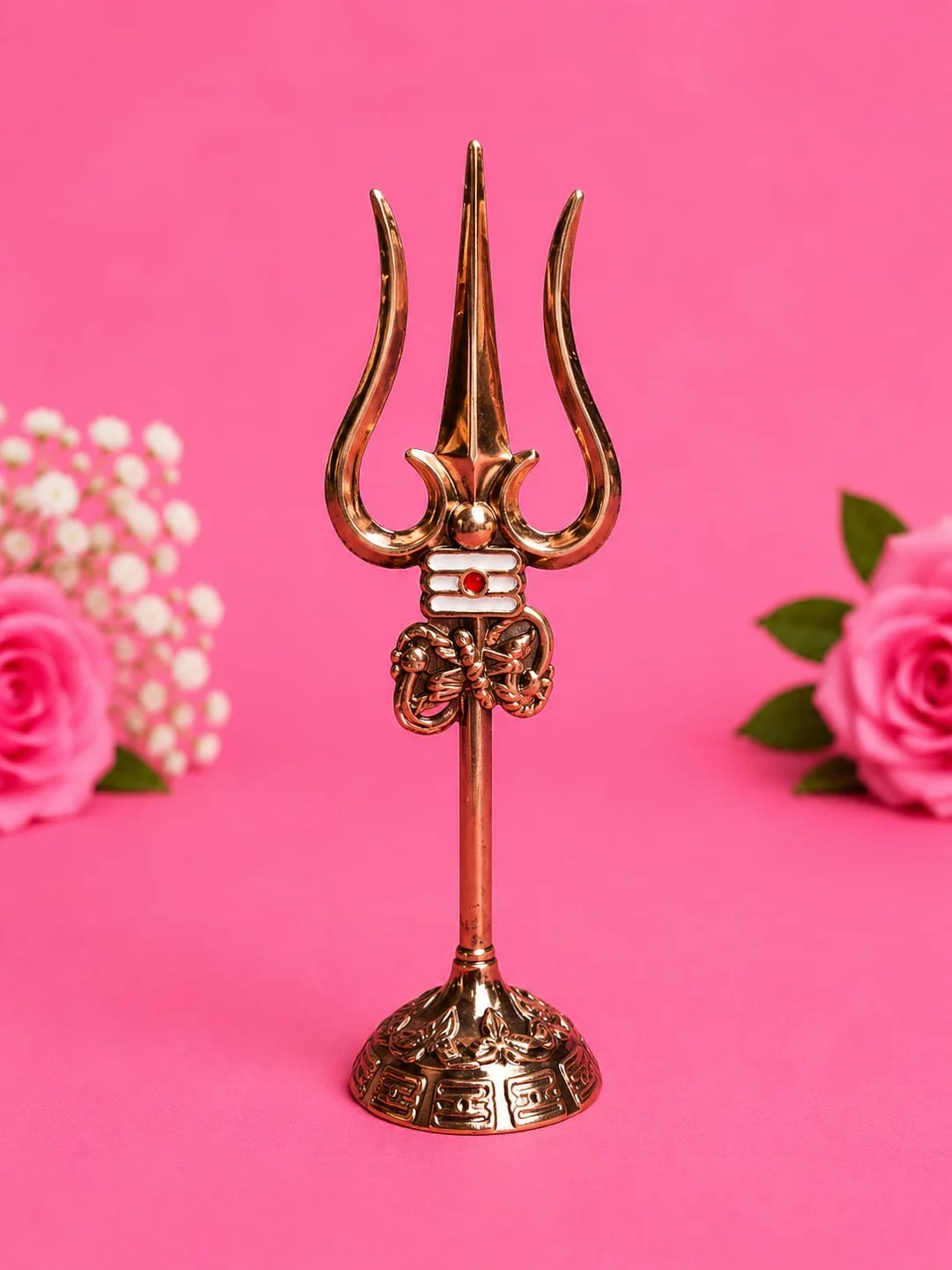 Artbiz Premium Metal Lord Shiva Trishul with Damru, Om & Sacred Tripund Tilak Decorative Showpiece for Home Temple, Office Desk, Meditation Room & Spiritual Home Decor | Gold Finish Mahadev Trident Idol for Puja, Gifting & Religious Decoration image 2