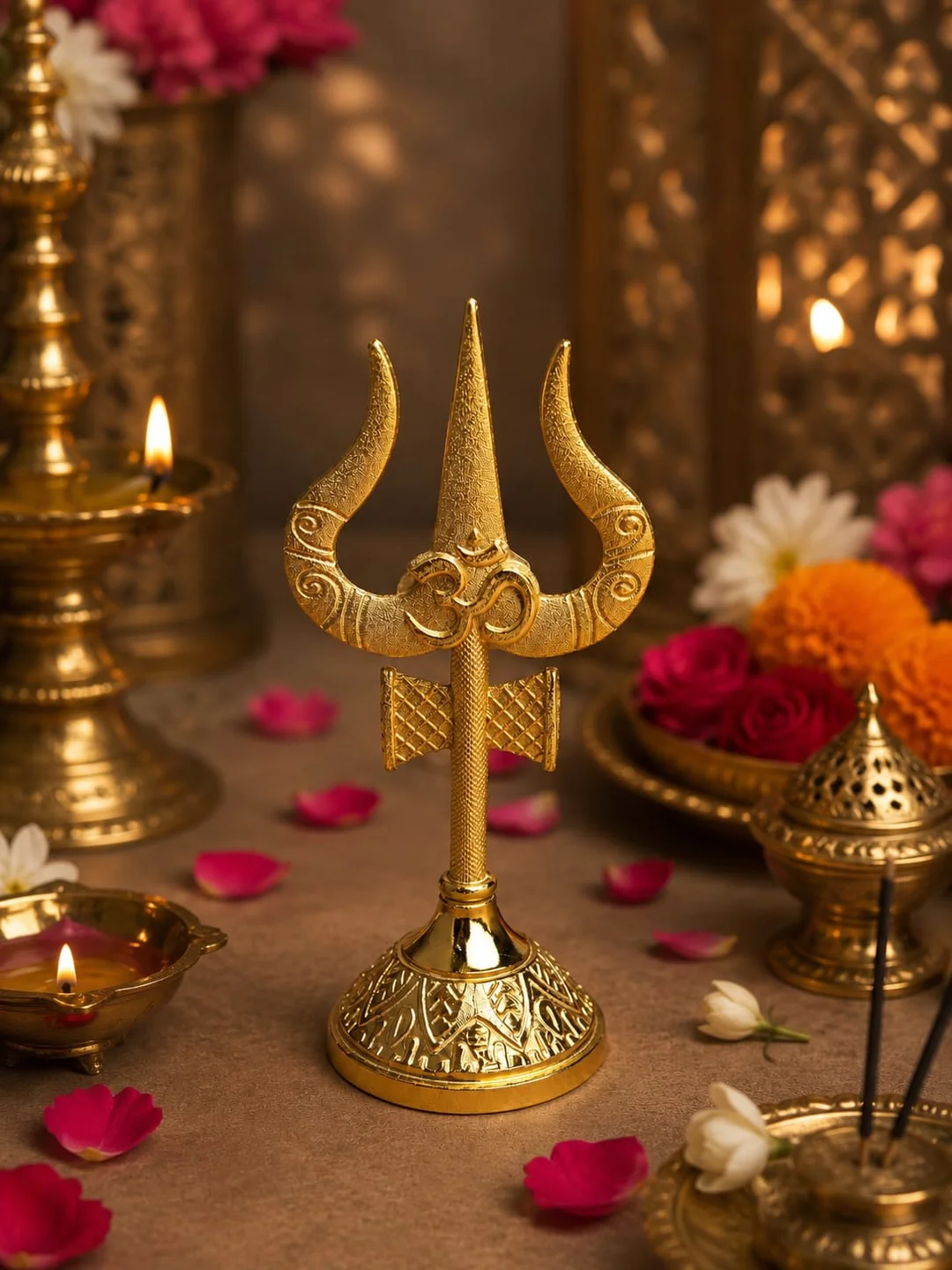 Artbiz Golden Metal Shiv Trishul with Om & Damru Decorative Showpiece for Home Temple, Office Desk, Car Dashboard, Pooja Room, Spiritual Home Decor, Vastu Decoration & Religious Gift Item image 2