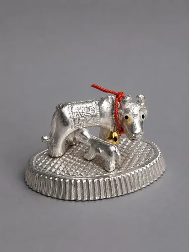 Artbiz Silver-Plated Kamdhenu Cow with Calf Idol Decorative Showpiece for Home Temple, Pooja Room & Office | Sacred Gau Mata Statue for Spiritual Decor, Vastu, Housewarming, Diwali & Religious Gift thumbnail 1