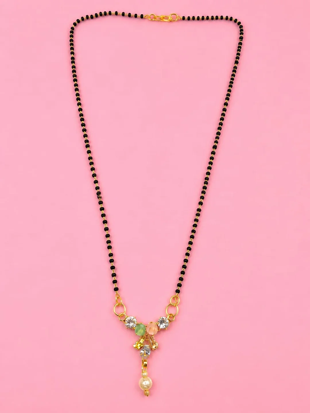 Traditional Gold Plated Black Beaded Mangalsutra Necklace for Women with Crystal, Pastel Stone & Pearl Drop Pendant | Elegant Daily Wear & Ethnic Jewelry image 2