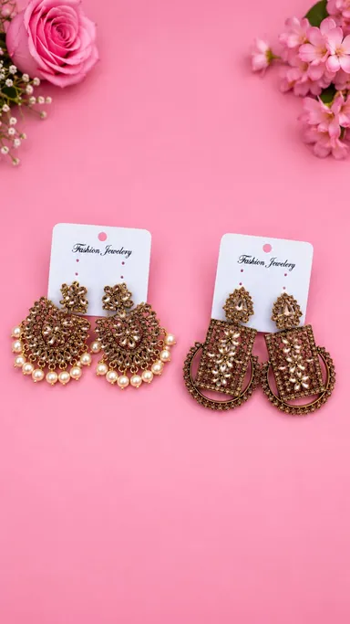 Women's Antique Oxidized Stone Studded Designer Earrings Combo Set of 2 Pairs with Pearl & Geometric Party Wear Fashion Jewelry Antique Brown Free Size thumbnail 1