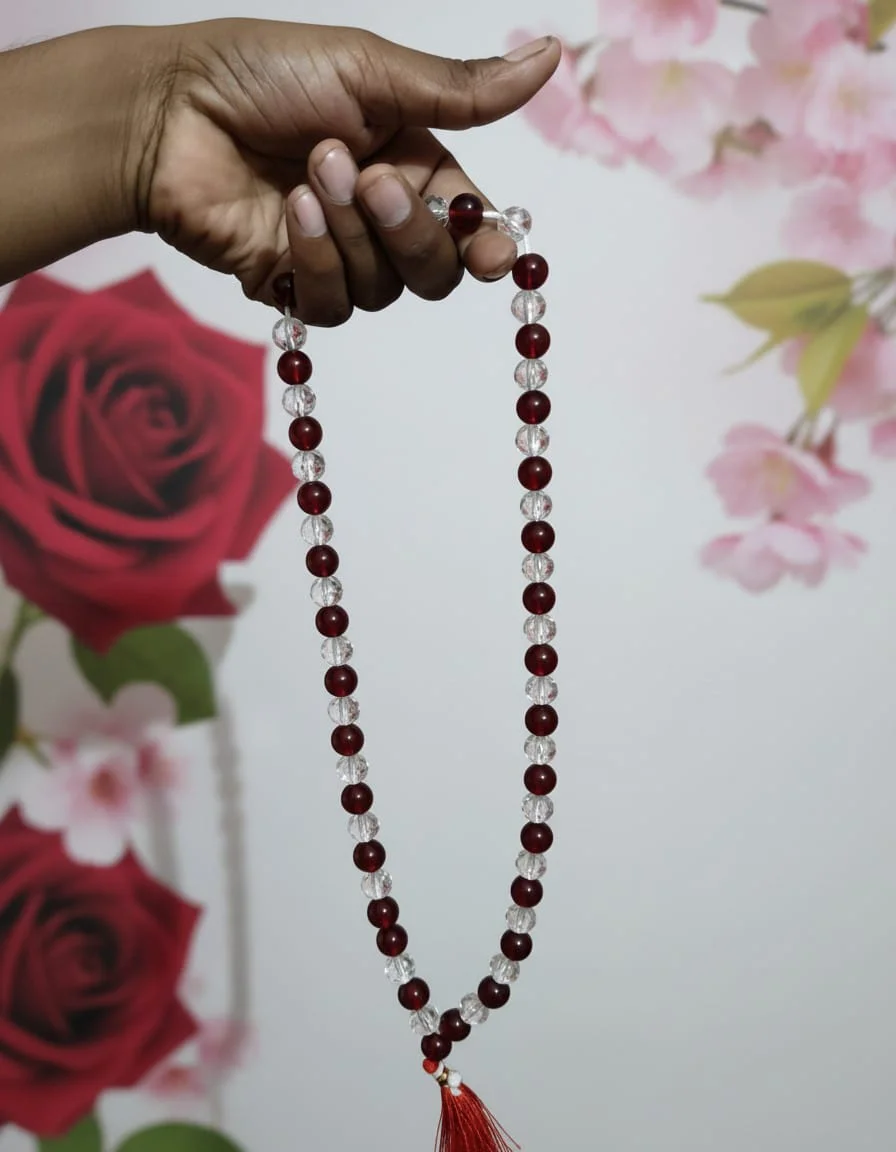 Handcrafted Red & Clear Crystal Bead Jap Mala for Meditation, Mantra Chanting, Yoga, Daily Prayer & Spiritual Healing with Tassel Standard Free Size image 2