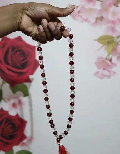 Handcrafted Red & Clear Crystal Bead Jap Mala for Meditation, Mantra Chanting, Yoga, Daily Prayer & Spiritual Healing with Tassel Standard Free Size thumbnail 1