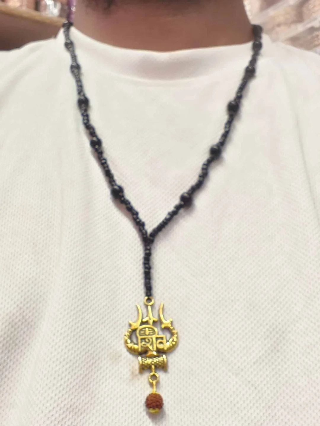 Premium Gold Plated Har Har Mahadev Trishul Damru Pendant Necklace with Rudraksha Bead & Black Beaded Chain for Men & Women | Lord Shiva Spiritual Hindu Religious Chain for Daily Wear, Temple, Meditation & Gifting Gold Plated Har Har Mahadev T image 2