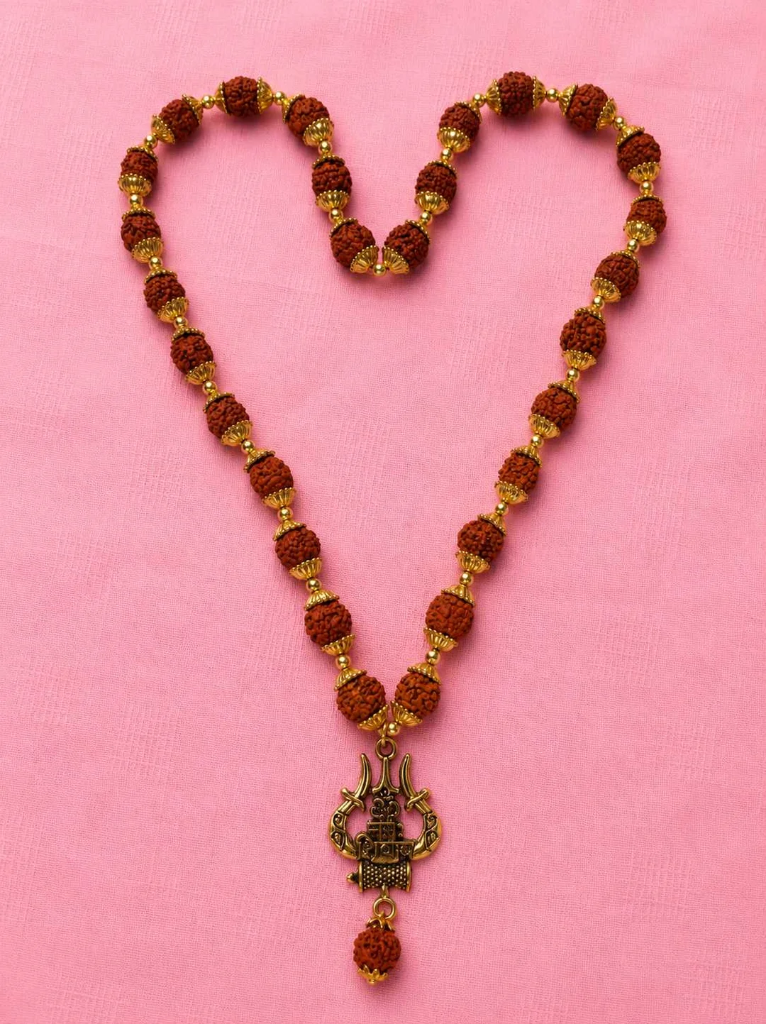 Premium 5 Mukhi Rudraksha Mala Necklace with Antique Gold Plated Har Har Mahadev Trishul Damru Pendant for Men & Women | Hindu Spiritual Prayer Beads | Lord Shiva Devotional Mala for Meditation, Temple Wear, Daily Use & Religious Gifting 5 Mukhi R image 2