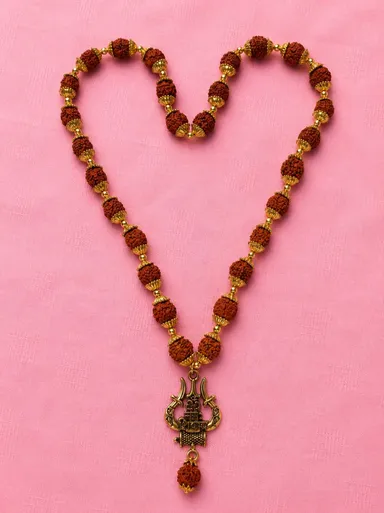Premium 5 Mukhi Rudraksha Mala Necklace with Antique Gold Plated Har Har Mahadev Trishul Damru Pendant for Men & Women | Hindu Spiritual Prayer Beads | Lord Shiva Devotional Mala for Meditation, Temple Wear, Daily Use & Religious Gifting 5 Mukhi R thumbnail 1