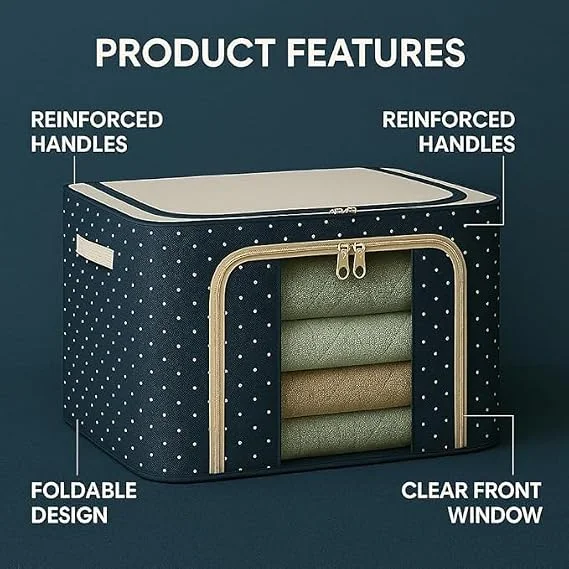 Threads & Aura Varsha Creation Foldable Clothes Organizer Box with Steel Frame | Clear Window, Dual Zipper & Reinforced Handles | Large Wardrobe Storage Bin for Sarees, Blankets, Quilts, Clothes & Bedding – Grey image 4