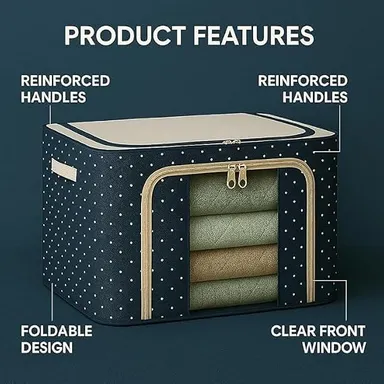 Threads & Aura Varsha Creation Foldable Clothes Organizer Box with Steel Frame | Clear Window, Dual Zipper & Reinforced Handles | Large Wardrobe Storage Bin for Sarees, Blankets, Quilts, Clothes & Bedding – Grey thumbnail 3