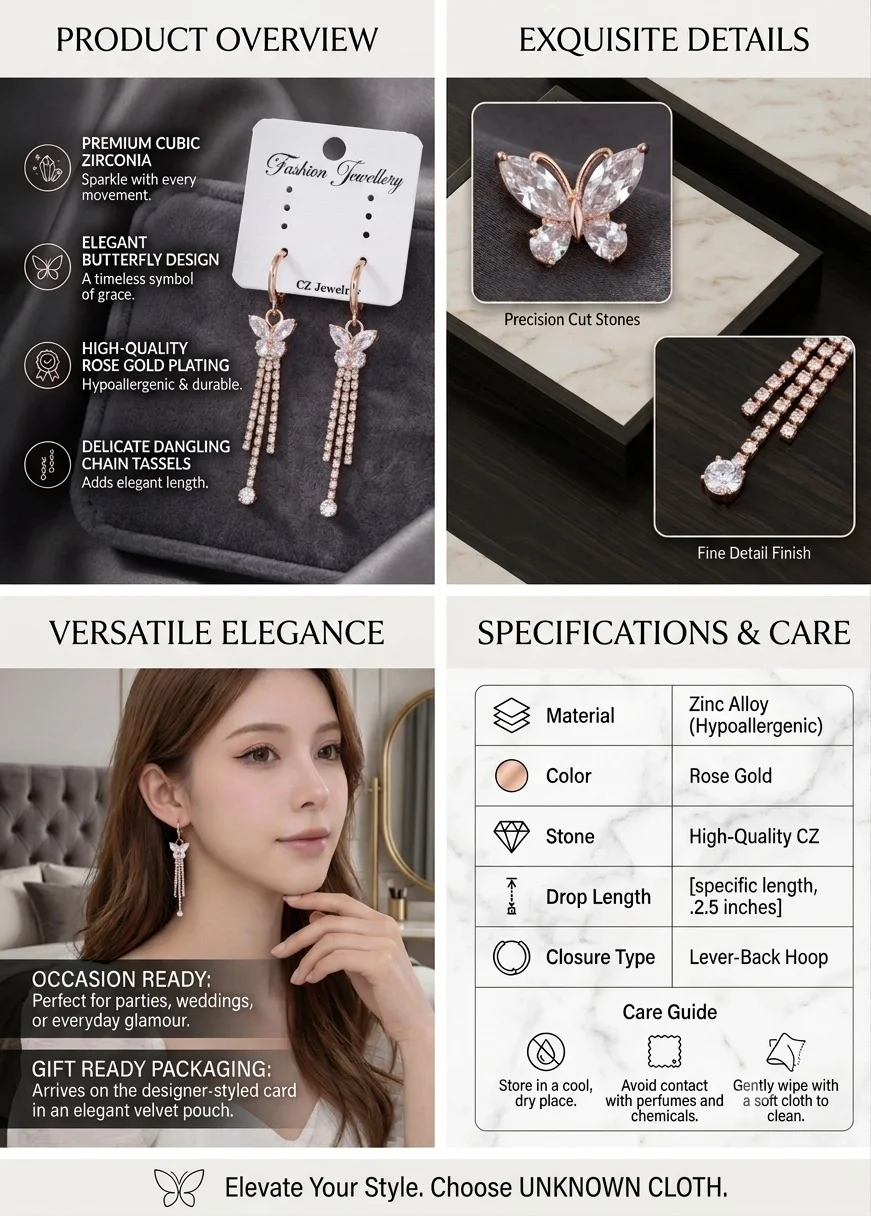 Elegant Rose Gold-Tone Butterfly Drop Earrings with Cubic Zirconia Tassel Accents for Women and Girls image 4